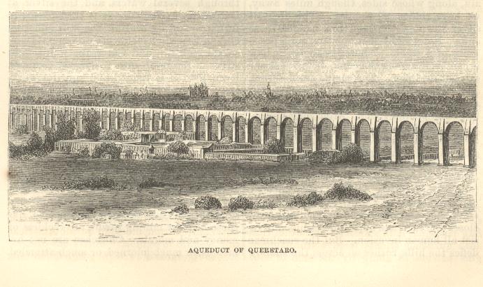 Grabado histórico en blanco y negro del Acueducto de Querétaro, representando su arquitectura colonial en México.