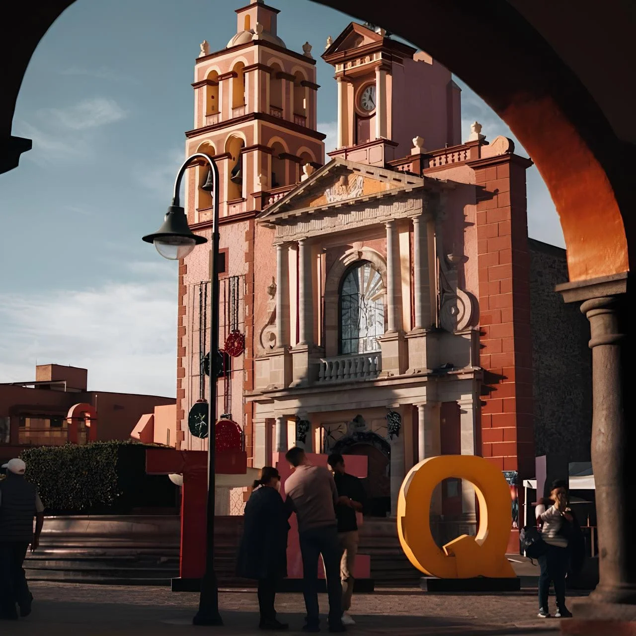 Vista de la iglesia colonial y letras de Tequis en Tequisquiapan