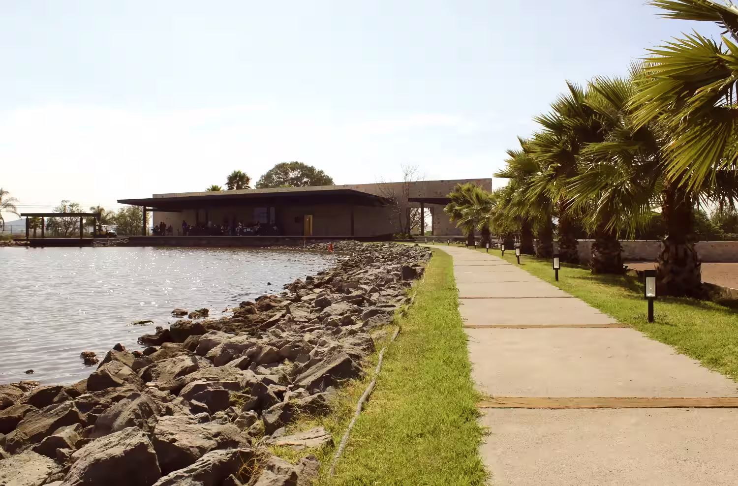 Terraza con vista al lago y áreas verdes en Viñedos del Polo, Querétaro. Un espacio exclusivo para eventos y reuniones dentro de este desarrollo residencial premium.