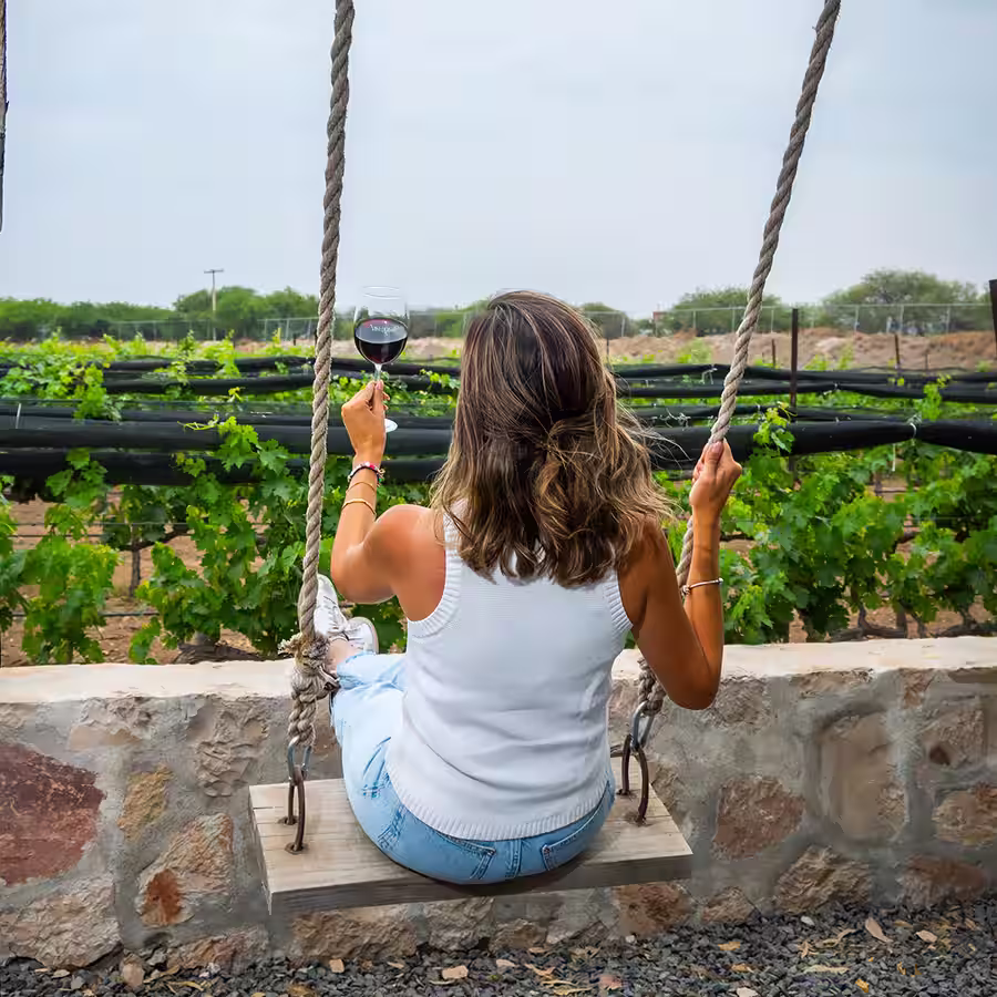 Mujer disfrutando de una copa de vino en un columpio con vista a los viñedos de Viñedos del Polo, Querétaro. Un desarrollo residencial con viñedos privados y experiencias enoturísticas exclusivas.