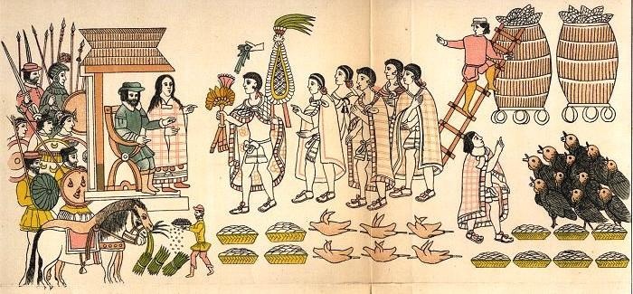 Ilustración histórica humorística de Hernán Cortés ofreciendo tacos, fusión visual entre la conquista y la cultura gastronómica mexicana.