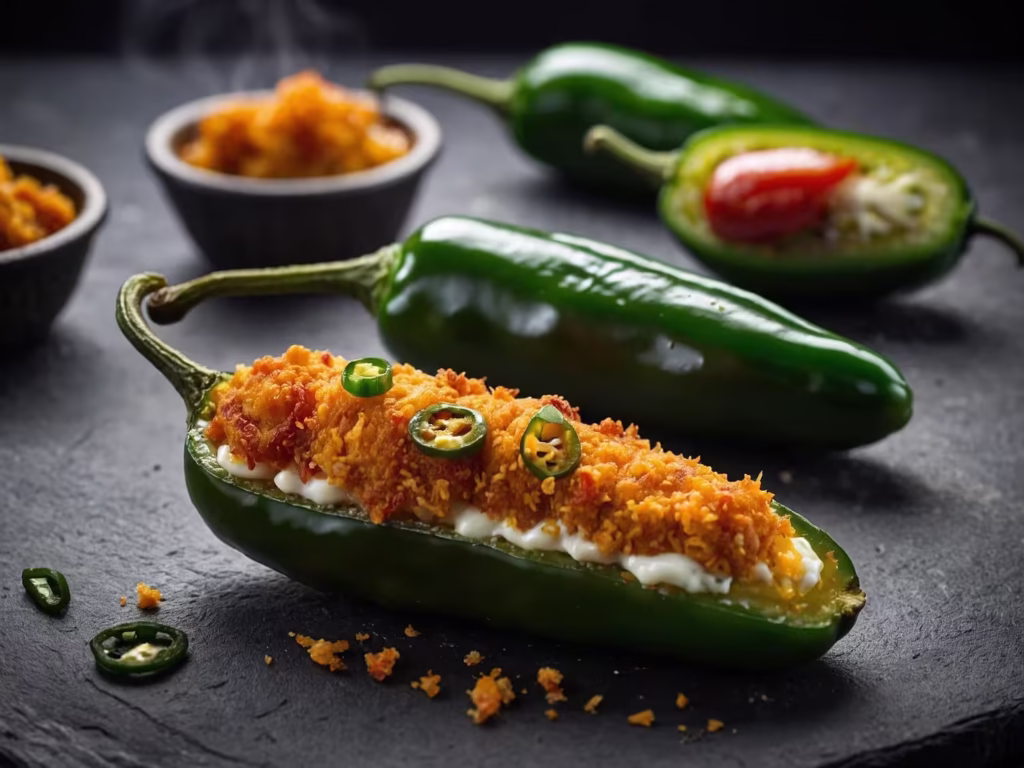 Chile Jalapeño Relleno – Sabor Mexicano con Toque Gourmet Chile jalapeño relleno con queso crema sobre base de madera