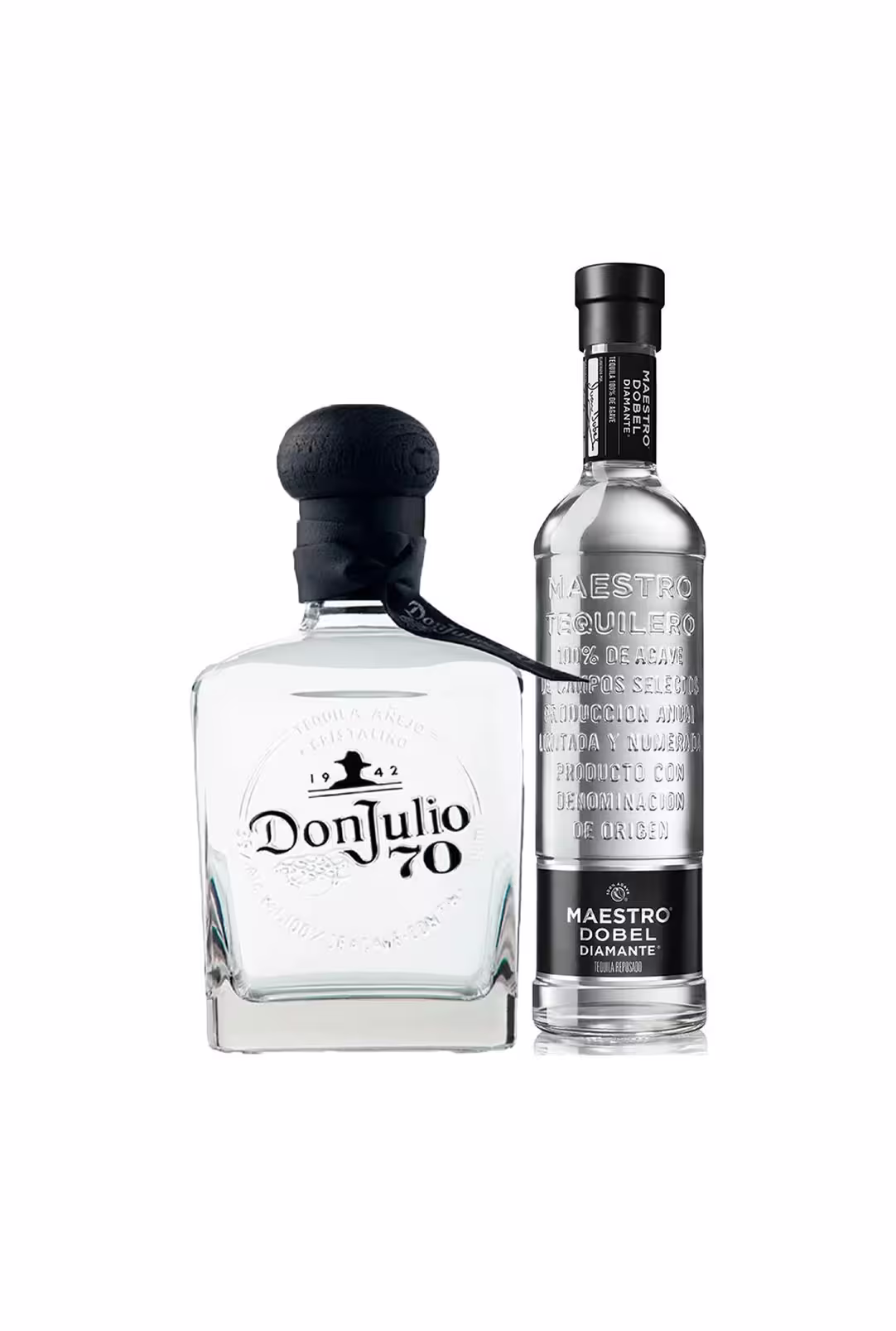 Botellas de tequila premium Don Julio 70 y Maestro Dobel Diamante sobre superficie elegante