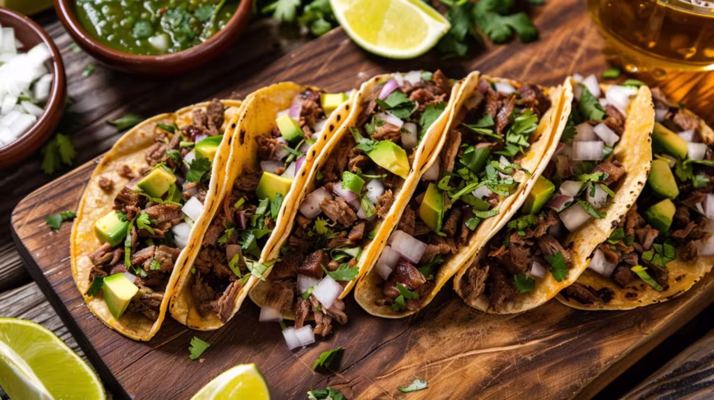 media docena de tacos de carnitas con cebolla y cilantro