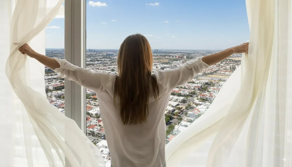Mujer abriendo cortinas en Penthouse de Juriquilla Towers, vista a Querétaro — Relocation guide para expats y familias