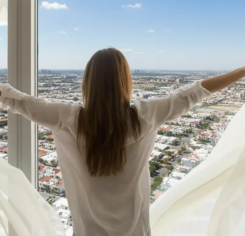 Mujer abriendo cortinas en Penthouse de Juriquilla Towers, vista a Querétaro — Relocation guide para expats y familias