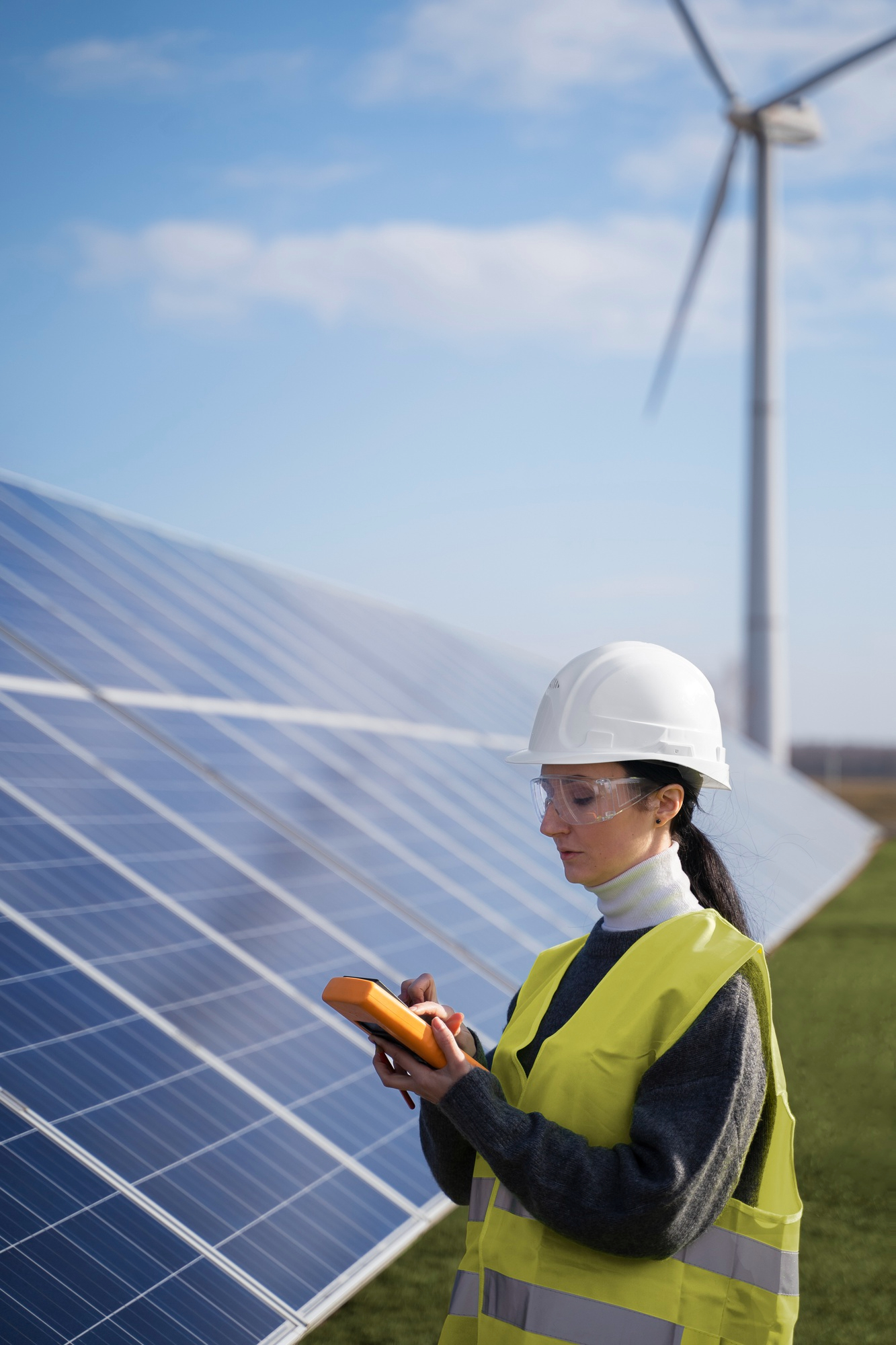 Ingeniera revisando planos técnicos para la integración estética de sistemas solares en viviendas exclusivas.