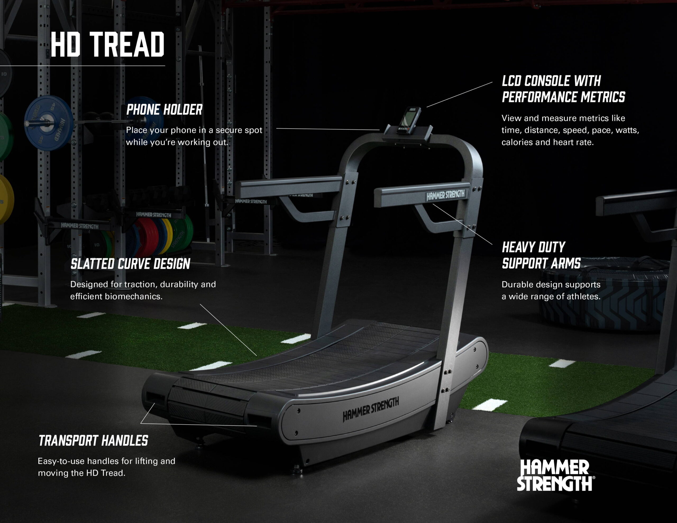 Características de Hammer Strength HD Tread: consola LCD, soporte para teléfono, manerales y plataforma curva