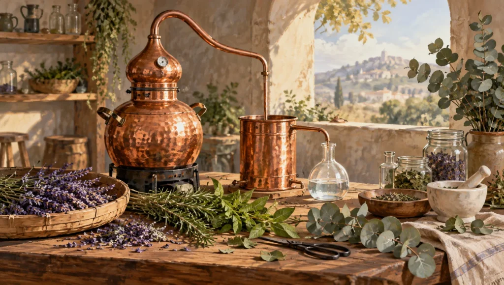 Ilustración conceptual de un equipo de destilación y plantas aromáticas; no representa Granja Lavyn.