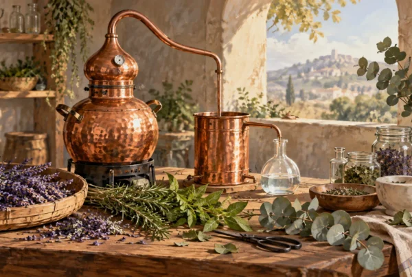 Ilustración conceptual de un equipo de destilación y plantas aromáticas; no representa Granja Lavyn.