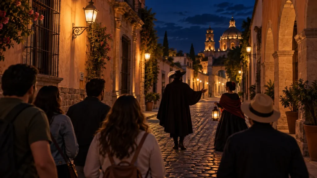 Ilustración conceptual de visitantes y narradores en una calle nocturna de Querétaro; no documenta una función real
