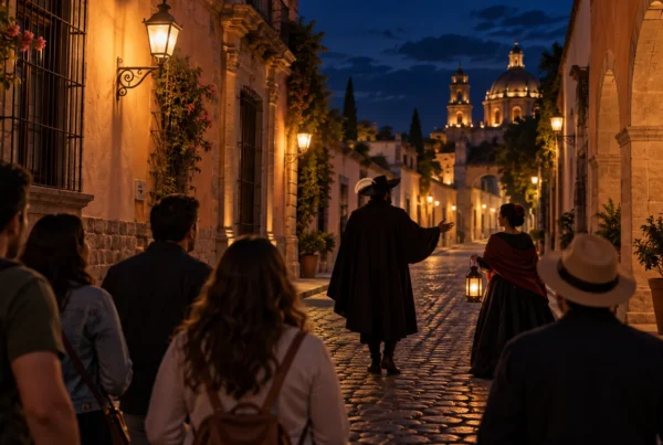 Ilustración conceptual de visitantes y narradores en una calle nocturna de Querétaro; no documenta una función real