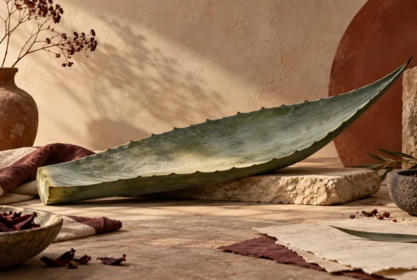 Composición conceptual de una penca sobre una mesa; no representa el taller ni las instalaciones de Hacienda Atongo