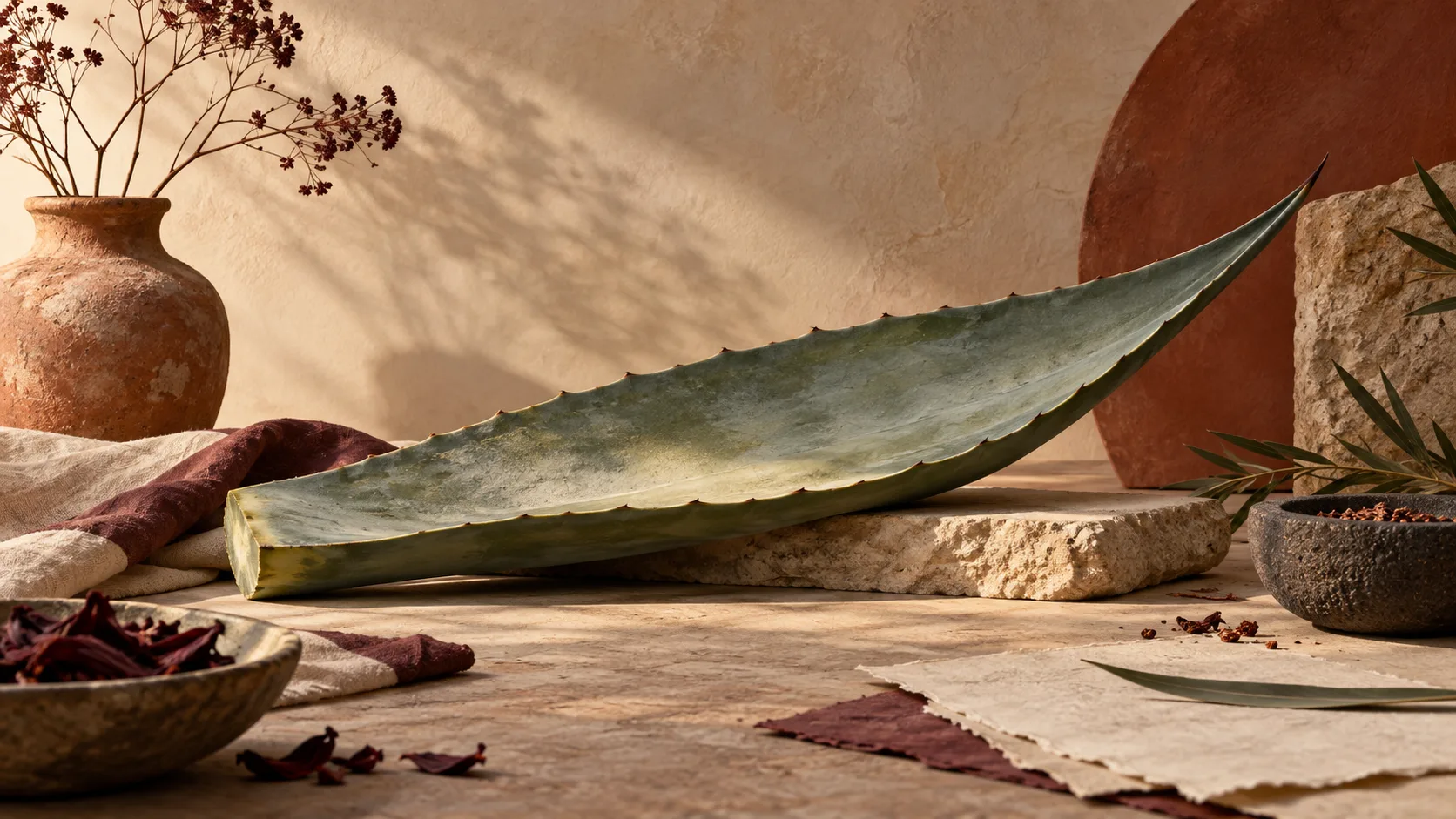 Composición conceptual de una penca sobre una mesa; no representa el taller ni las instalaciones de Hacienda Atongo