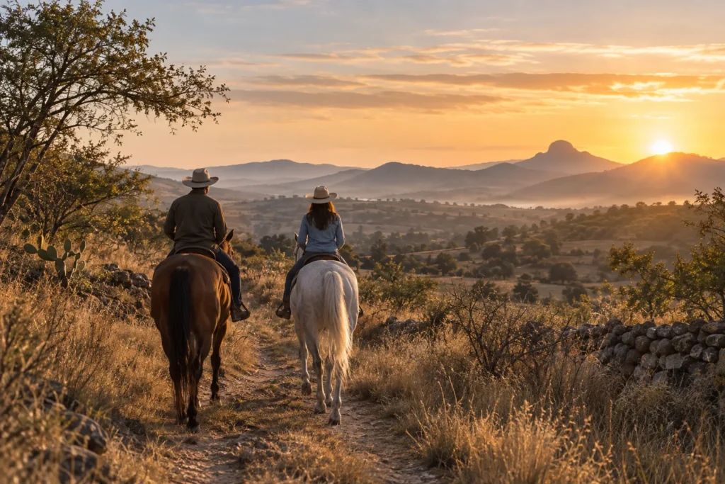 Imagen ilustrativa de una cabalgata al amanecer; no representa a Alegrando tu mañana ni su recorrido.