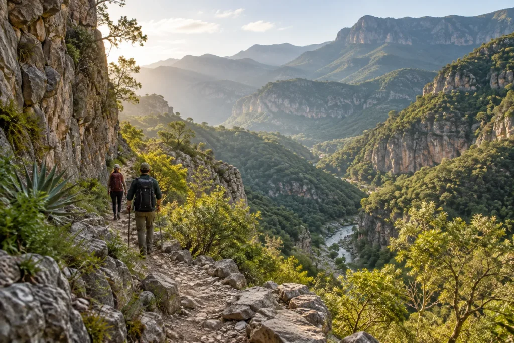 Imagen ilustrativa de senderismo en paisaje montañoso; no representa Maconí ni la ruta del operador.