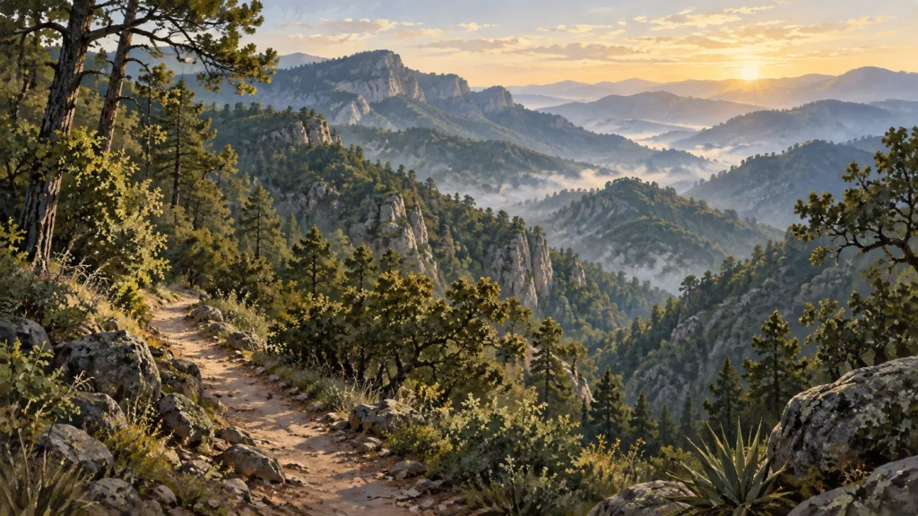 Ilustración conceptual de montañas y bosque; no representa una parada exacta de la excursión Pinal 1 día