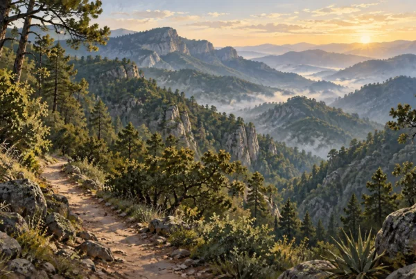 Ilustración conceptual de montañas y bosque; no representa una parada exacta de la excursión Pinal 1 día