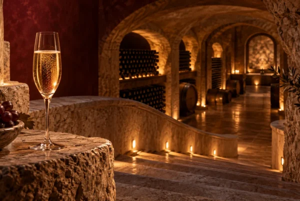 Ilustración conceptual de una cava y una copa de vino espumoso; no representa las instalaciones de Sala Vivé