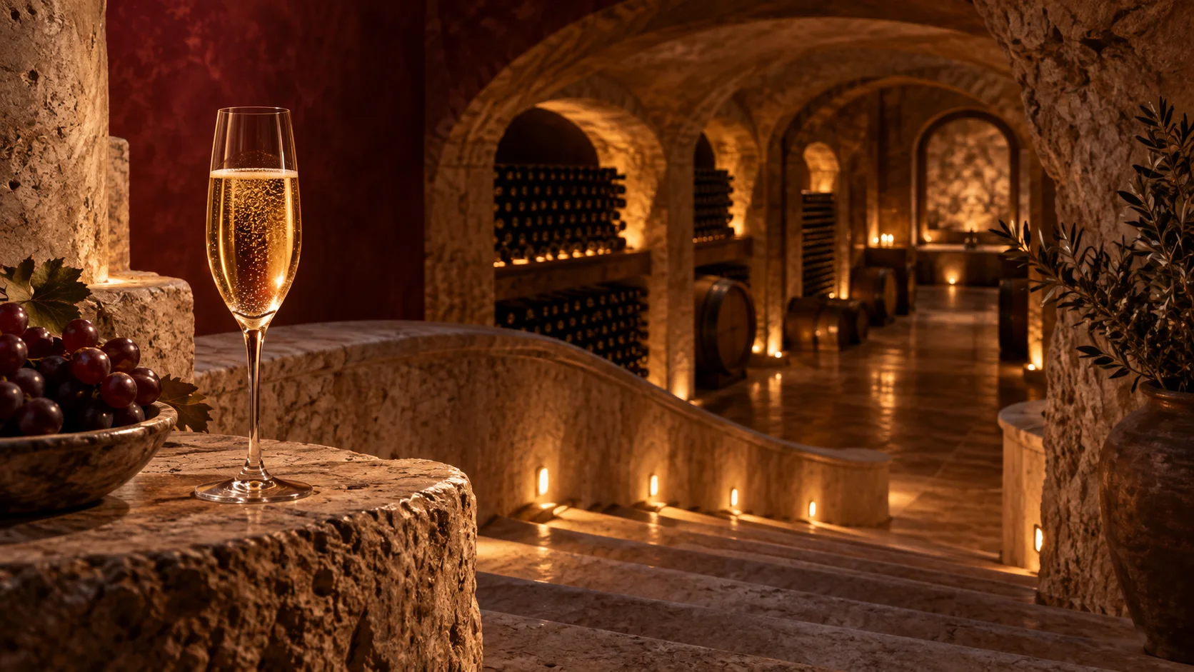 Ilustración conceptual de una cava y una copa de vino espumoso; no representa las instalaciones de Sala Vivé