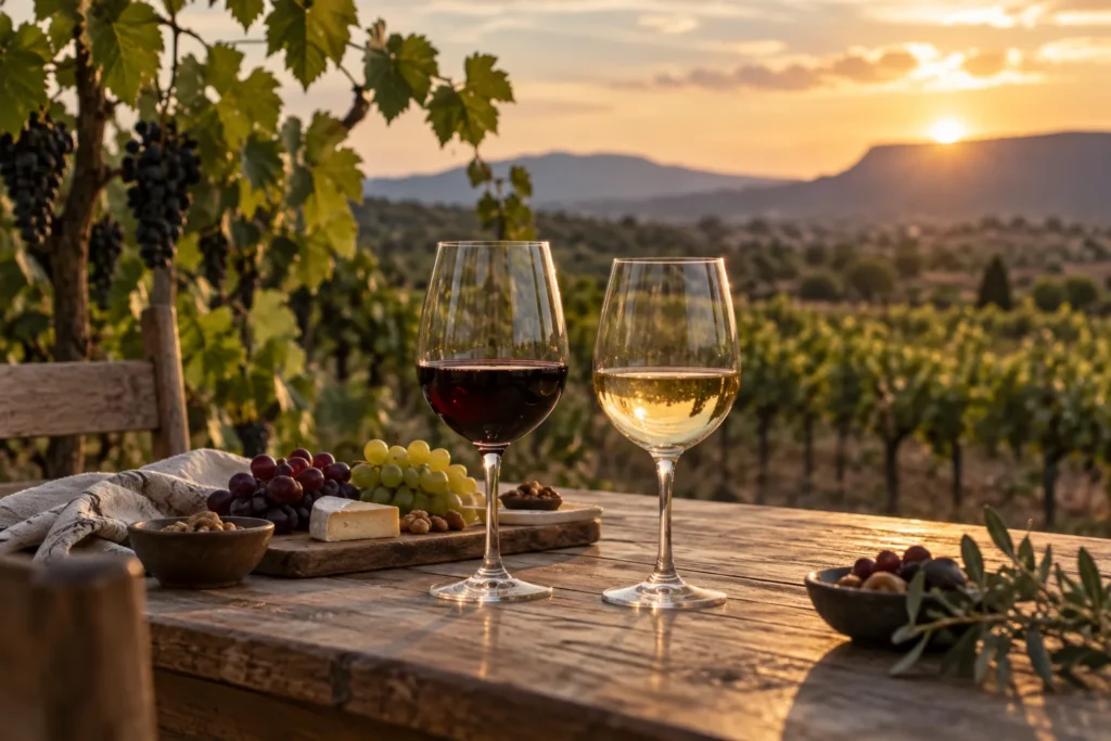 Imagen ilustrativa de una cata de vino entre viñedos; no representa Tierra de Alonso ni sus instalaciones.